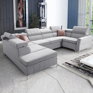 Narożnik z funkcją spania Rava V szary popiel lewostronny komfortowy narożnik z pojemnikami na pościel oraz wielofunkcyjną lampką