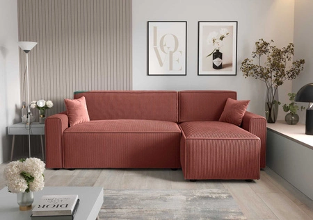 Narożnik z funkcją spania Brandon Bis indyjski róż prawostronny trójwymiarowa tkanina o wyrazistych prążkach pojemnik na pościel