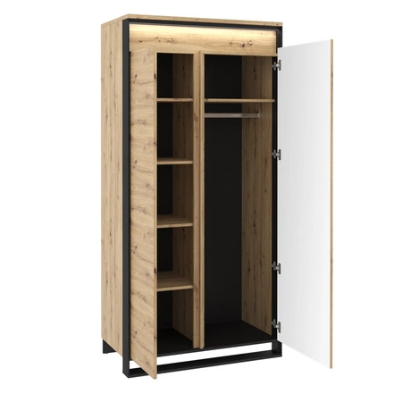 Szafa Quant 95 cm dąb artisan / czarny stylowy design szafy do pokoju lub sypialni oświetlenie LED fronty w ciekawej konfiguracji