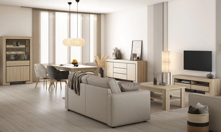 Komoda z szufladami Cuba 225 cm dąb samdal elegancka stylistyka komody wzbogacona o stylowe czarne dodatki idealna do salonu frezowane uchwyty