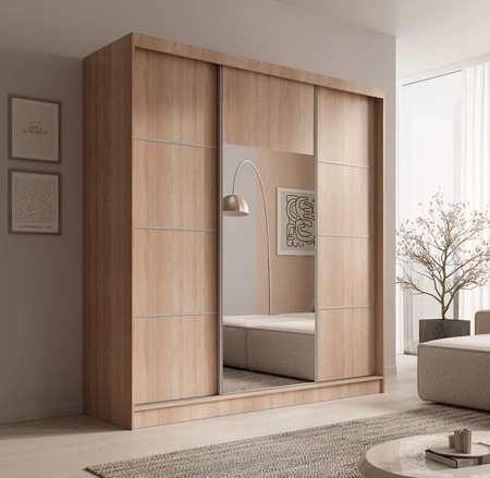 Szafa przesuwna z lustrem Keri 200 cm dąb sonoma jasny funkcjonalna szafa z dekoracyjnymi srebrnymi listwami wewnętrzne szuflady