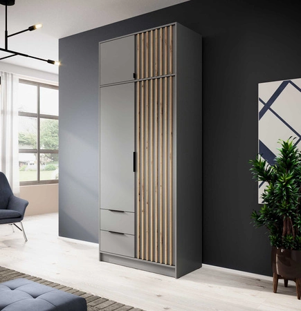 Nadstawka do szafy Aspen 105 cm szara / lamele w kolorze dąb artisan funkcjonalna szafka powiększy miejsce do przechowywania ubrań obuwia i dodatków