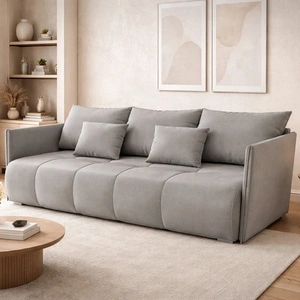 Kanapa rozkładana Selva jasny szary funkcjonalna sofa do salonu z pojemnikiem na pościel wykonana z miękkiej tkaniny typu velvet