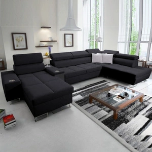 Narożnik z funkcją spania Dafni V czarny lewostronny pleciony wygodny i komfortowy narożnik z regulowanymi zagłówkami