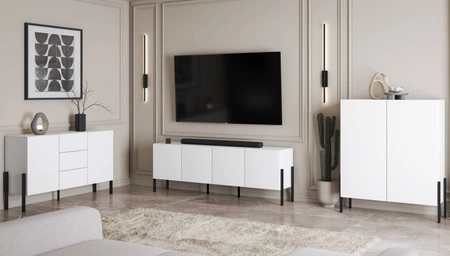 Komoda wysoka Jukon 114 cm biała wyjątkowy subtelny design doskonała komoda do salonu sypialni lub biura system push to open czarne nogi