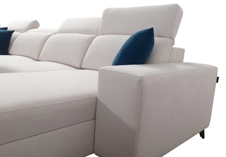 Narożnik z funkcją spania Kelly IV szary prawostronny pleciony komfortowy narożnik regulowane zagłówki bok wykończony lamelami