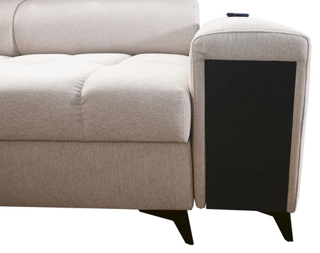 Narożnik z funkcją spania Bolmso III szary prawostronny narożnik z pojemnikami na pościel szuflada z pełnym wysuwem w boczku mebla