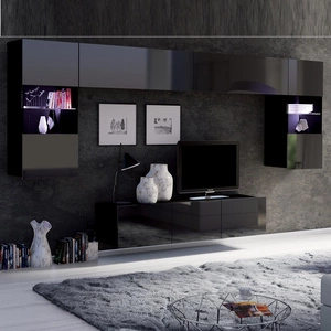 Meblościanka Apulia II czarny połysk wyjątkowo stylowa meblościanka proste bryły wpisujące się w każde wnętrze