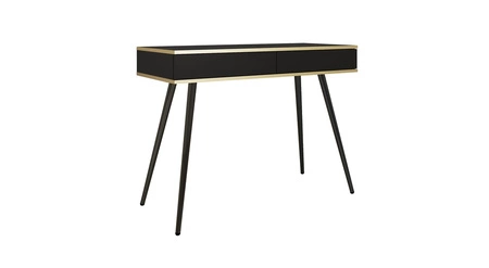 Konsola Luxury czarna z szufladami stylowa i elegancka toaletka wsparta na wysokich metalowych nogach korpus zwieńczony złotą listwą