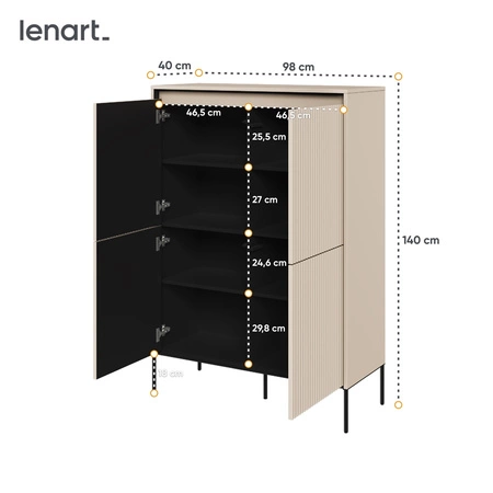 Komoda wysoka Trend 98 cm beżowa elegancka i stylowa komoda o wyjątkowym charakterze ryflowane fronty z oświetleniem LED