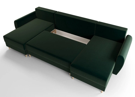 Narożnik z funkcją spania Rovigo U butelkowa zieleń elegancki i komfortowy narożnik w skandynawskiej formie duży pojemnik na pościel