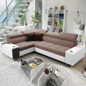 Narożnik z funkcją spania Dafni II jasny brąz / biały lewostronny pleciony narożnik z pojemnikiem na pościel szuflada w boczku mebla