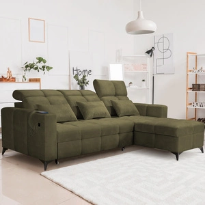 Narożnik z funkcją spania Laredo oliwkowy prawostronny komfortowy i stylowy narożnik rozkładany z pojemnikiem na pościel