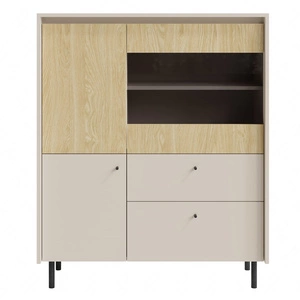 Komoda z szufladami Cappo 104 cm beż piaskowy / dąb olejowany wysoka komoda idealna do jadalni częściowo przeszklony front