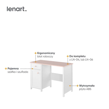 Biurko Luna 110 cm biały / różowy modne biurko z szufladą do pokoju dziecięcego praktyczny i ergonomiczny mebel z obszernym blatem