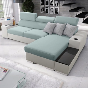 Narożnik z funkcją spania Provo arktyczny błękit / biały prawostronny narożnik z pojemnikiem na pościel i funkcjonalną dostawką