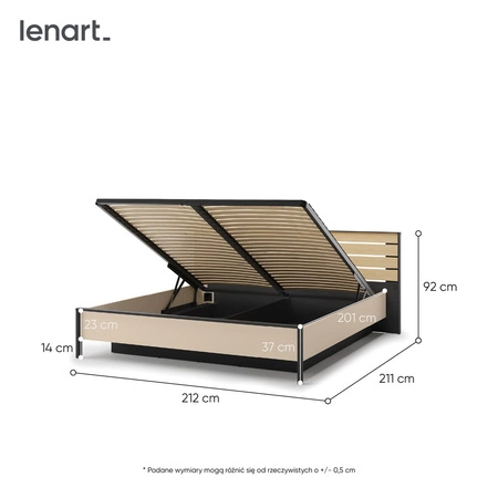 Łóżko Enna 180x200 cm beżowy / czarny / dąb natura wygodne łóżko z pojemnikiem na pościel wysoki zagłówek z oświetleniem LED
