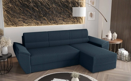 Narożnik z funkcją spania Fogu II niebieski prawostronny stylowy narożnik z komfortowymi podłokietnikami i pojemnikiem na pościel