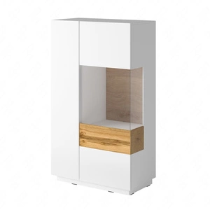 Komoda wysoka Silke 80 cm biała / biały połysk / dąb wotan prawa stylowy design elegancka komoda z przeszkleniem system push to open