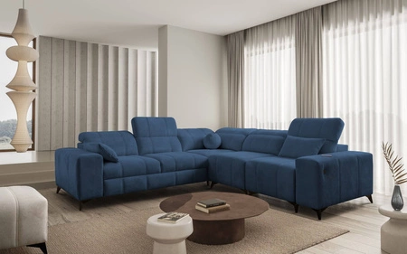 Narożnik z funkcją spania Penejos III niebieski prawostronny niezwykle wygodny i komfortowy narożnik do salonu dwa pojemniki na pościel