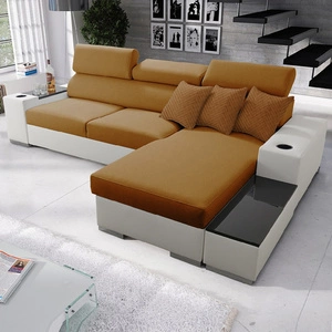 Narożnik z funkcją spania Provo miodowy / biały prawostronny narożnik z pojemnikiem na pościel i funkcjonalną dostawką