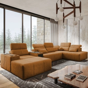 Narożnik z funkcją spania Tesalia V miodowy lewostronny komfortowy narożnik z szufladą oraz funkcją przesuwanego oparcia