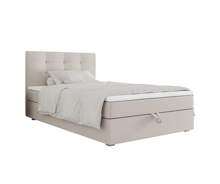 Łóżko kontynentalne Flint 120x200 beżowe w nowoczesnym skandynawskim stylu z tapicerowanym zagłówkiem łóżko z pojemnikiem