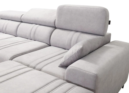 Narożnik z funkcją spania Castel XII błękitny prawostronny stylowy i wygodny narożnik do salonu funkcjonalne regulowane zagłówki