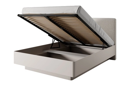 Łóżko Lante 160x200 cm z pojemnikiem na pościel beżowe idealne łóżko do sypialni wysoki tapicerowany zagłówek zapewnia komfort