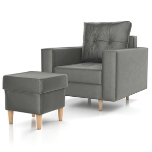 Fotel z podnóżkiem Vaso szary wygodny fotel do salonu w stylu skandynawskim miękkie siedzisko wysokie drewniane nogi