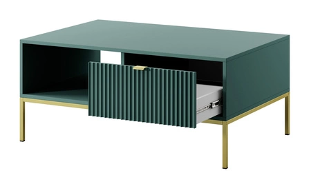 Stolik kawowy Lovro pastelowy zielony z szufladami nowoczesny design blat odporny na rozlane ciecze złote metalowe nogi
