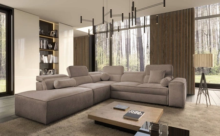 Narożnik z funkcją spania Viano IX jasny brąz lewostronny stylowy narożnik z pojemnikami na pościel idealny mebel do dużego salonu