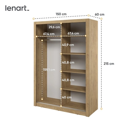 Szafa przesuwna z lustrem Arti 150 cm dąb shetland pojemna szafa do przedpokoju drzwi szafy wykończone lustrami w ciekawej konfiguracji