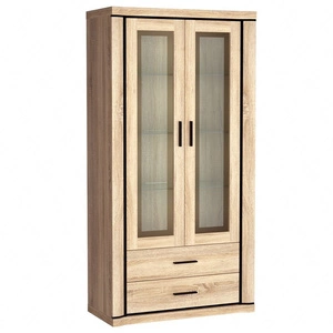 Witryna Dallas 97 cm dąb sonoma / czarny stylowa witryna z szufladami do salonu elementy z bezpiecznego szkła stylowe czarne uchwyty