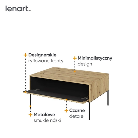 Stolik kawowy Trend dąb artisan elegancki design stolik z charakterystycznym ryflowanym frontem osadzony na metalowych nogach