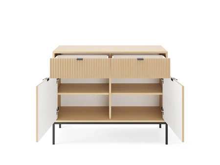 Komoda z szufladami Lovro 104 cm dąb vicenza stylowa komoda do salonu z ryflowanymi frontami metalowa podstawa w kolorze czarnym