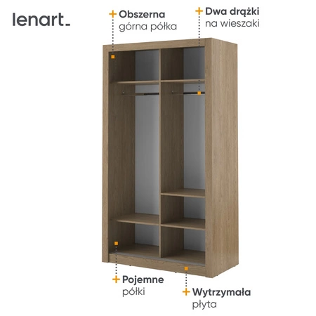 Szafa przesuwna z lustrem Arti 120 cm dąb shetland funkcjonalna szafa do pokoju młodzieżowego drzwi szafy wykończone lustrami