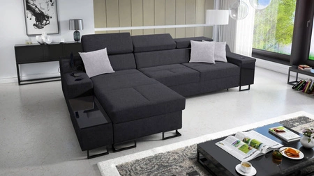 Narożnik z funkcją spania Alcamo grafitowy lewostronny elegancki i stylowy narożnik z dostawką praktyczna szuflada w boczku mebla