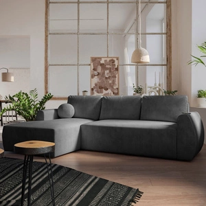 Narożnik z funkcją spania Colio grafitowy lewostronny stylowy narożnik o ciekawym kształcie welurowa tkanina ozdobna poduszka piłka