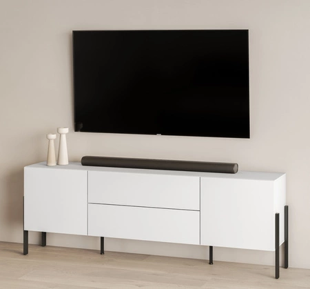 Szafka RTV Jukon 204 cm biała elegancka forma szafki z szufladami w nowoczesnym stylu system otwierania push to open metalowe czarne nogi