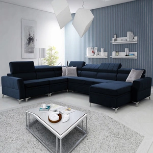 Narożnik z funkcją spania Rava VII granatowy prawostronny praktyczny i nowoczesny narożnik do salonu z regulowanymi zagłówkami