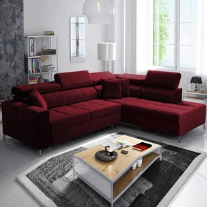 Narożnik z funkcją spania Nausa III bordowy prawostronny velvet stylowy komfortowy narożnik regulowane zagłówki pojemnik na pościel