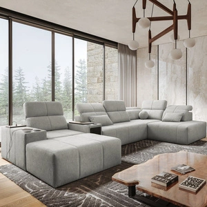 Narożnik z funkcją spania Tesalia V szary popiel lewostronny komfortowy narożnik z szufladą oraz funkcją przesuwanego oparcia