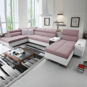 Narożnik z funkcją spania Dafni V lawendowy róż / biały prawostronny pleciony wygodny i komfortowy narożnik z regulowanymi zagłówkami