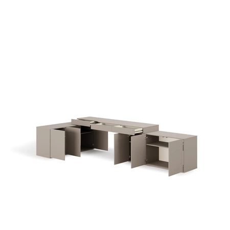 Biurko narożne Woow 338x141 cm clay grey prawe uniwersalne biurko z szufladami z opcją obustronnego montażu duże szafki w zestawie