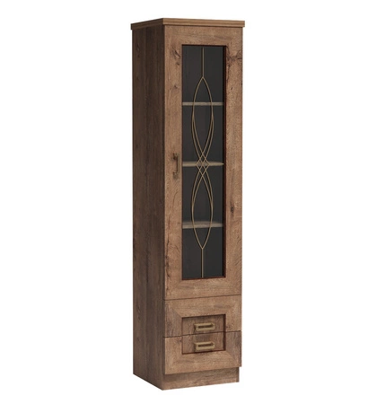 Witryna Tade 46 cm dąb lefkas gustowny styl witryna z szufladami ozdobina subtelnymi ornamentami na szklanym froncie idealna do salonu