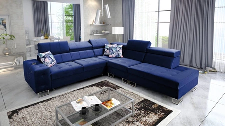 Narożnik z funkcją spania Hampton IX granatowy prawostronny stylowy i nowoczesny design narożnika idealny mebel do każdej aranżacji