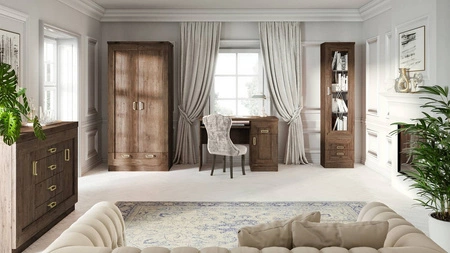 Zestaw mebli do biura Tade dąb lefkas elegancka stylistyka meble w stylu klasycznym wzbogacone metalowymi złotymi uchwytami idealna do biura