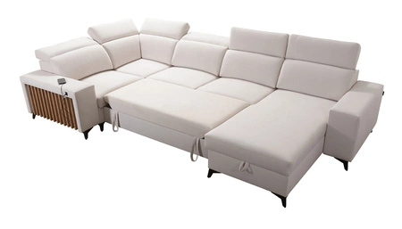 Narożnik z funkcją spania Kelly IV arktyczny błękit prawostronny pleciony komfortowy narożnik regulowane zagłówki bok wykończony lamelami