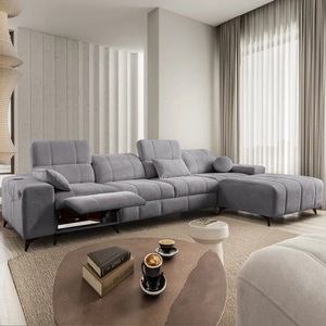 Narożnik z funkcją spania Penejos XII Lux jasny szary prawostronny stylowy narożnik rozkładany z komfortowym wysuwanym podnóżkiem